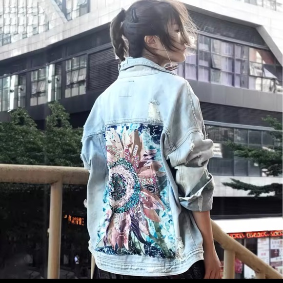 Denim bohemian sunflower flower floral embroidered embellished denim jacket coat - Picture 6 of 12